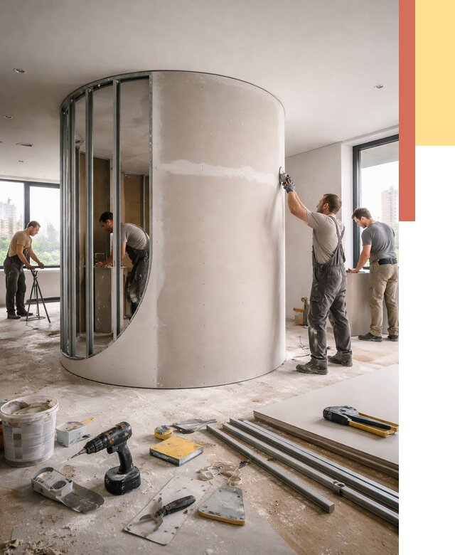 Радиусная перегородка из гипсокартона в Гатчине от 2980 руб. под ключ | ОТДЕЛОЧНИК-Гтч