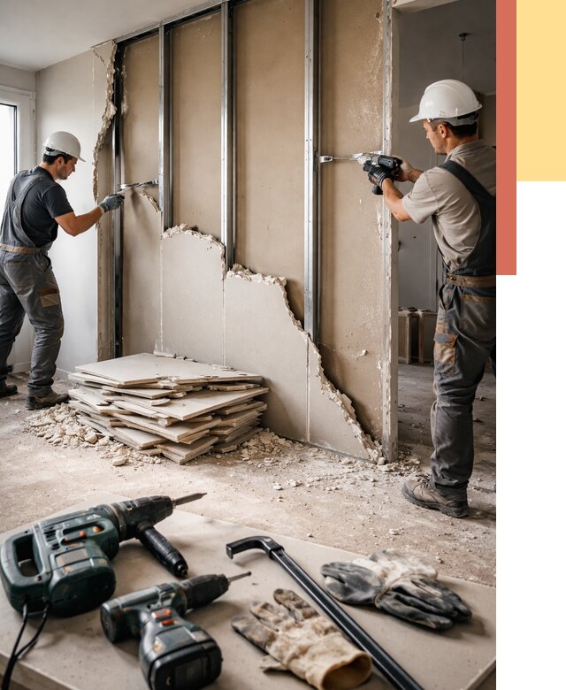 Демонтаж перегородки из гипсокартона в Гатчине от 1233 руб. быстро и недорого | ОТДЕЛОЧНИК-Гтч