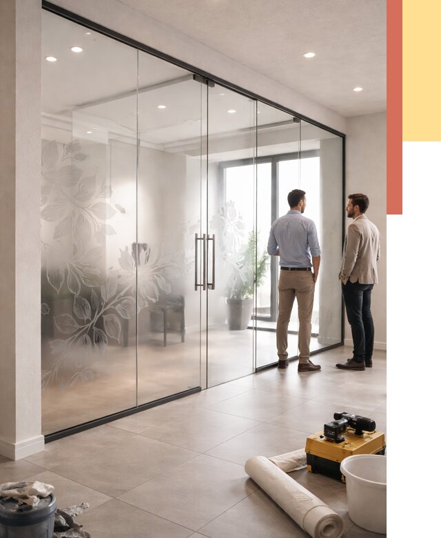 Стеклянные перегородки с рисунком в Гатчине от 12845 руб. монтаж и нанесение | ОТДЕЛОЧНИК-Гтч