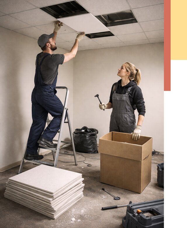 Демонтаж потолочной плитки в Гатчине от 4624 руб. быстро и недорого | ОТДЕЛОЧНИК-Гтч