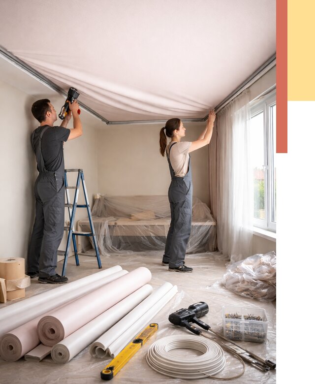 Монтаж цветного натяжного потолка в Гатчине от 4316 руб/м² — быстро и недорого | ОТДЕЛОЧНИК-Гтч