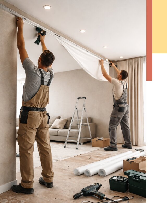 Монтаж натяжного потолка в гостиной в Гатчине от 565 руб. | ОТДЕЛОЧНИК-Гтч