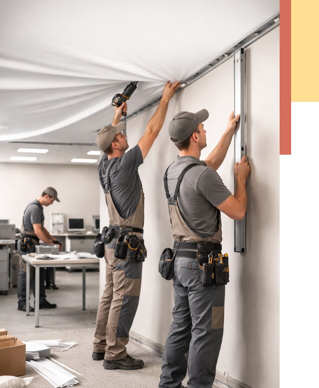 Монтаж натяжного потолка в офисе в Гатчине от 462 руб/м² — быстро и недорого | ОТДЕЛОЧНИК-Гтч