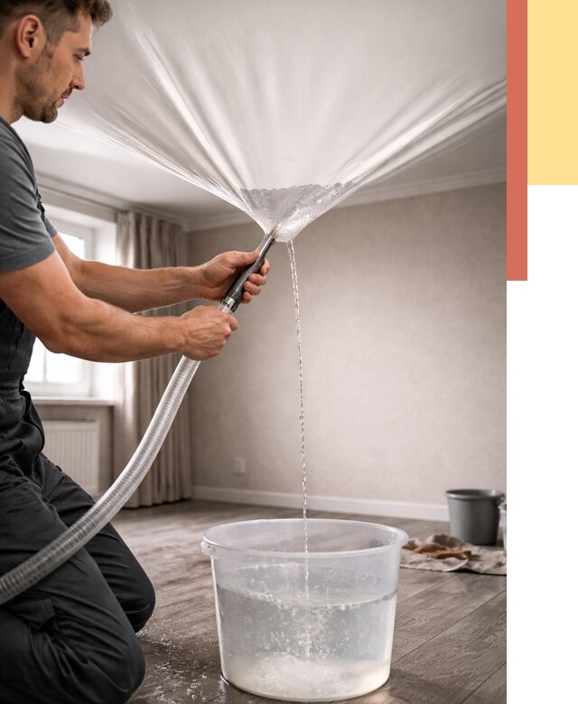 Слив воды с натяжного потолка в Гатчине от 2569 руб. быстро и недорого | ОТДЕЛОЧНИК-Гтч