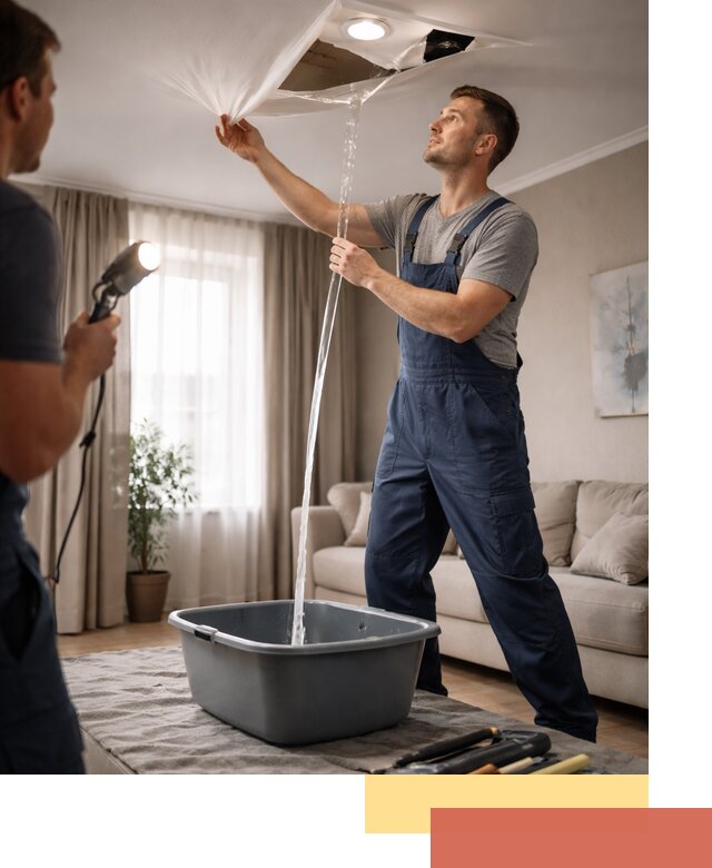 Слив воды с натяжного потолка в Гатчине быстро и аккуратно