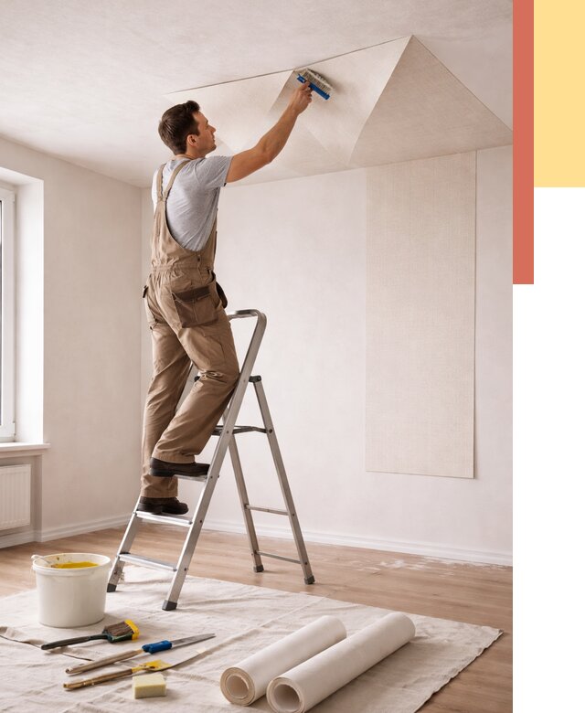 Поклейка обоев на потолок в Гатчине от 4624 руб. быстро и недорого | ОТДЕЛОЧНИК-Гтч